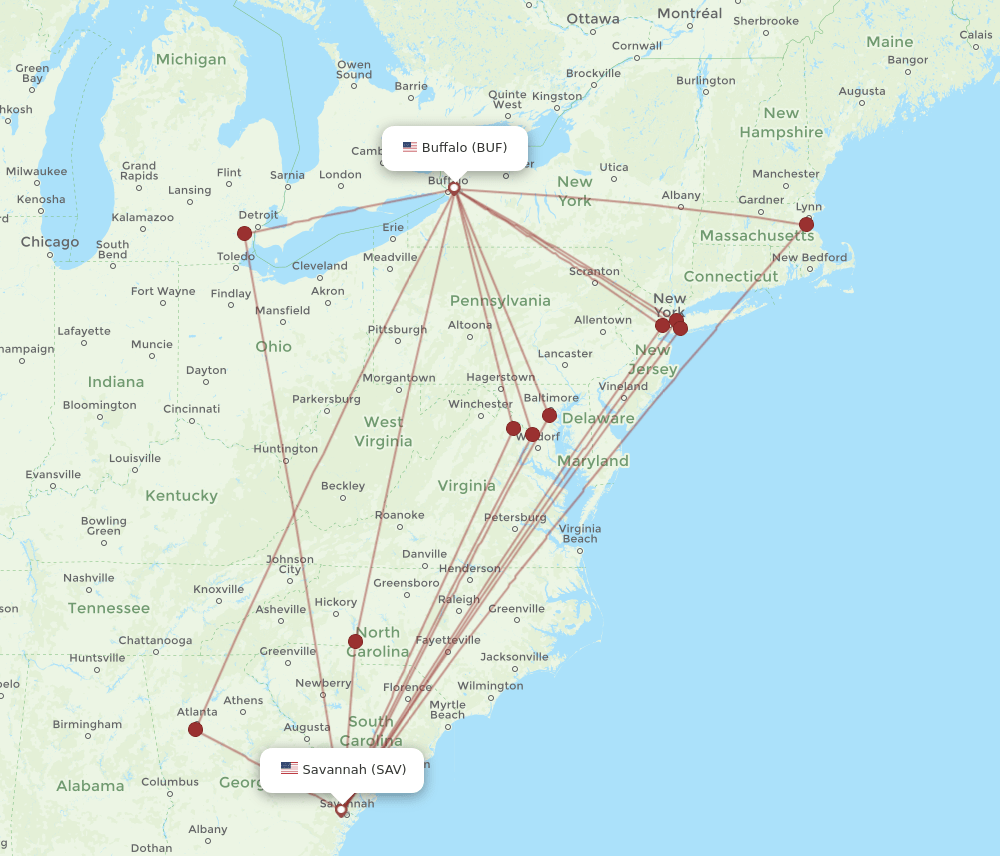 SAV-BUF flight routes