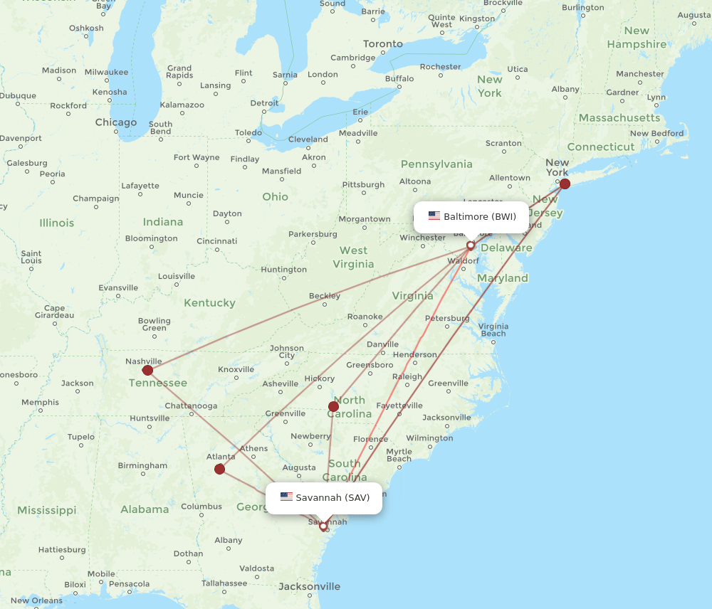 SAV-BWI flight routes