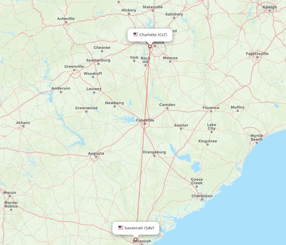 SAV to CLT flights and routes map