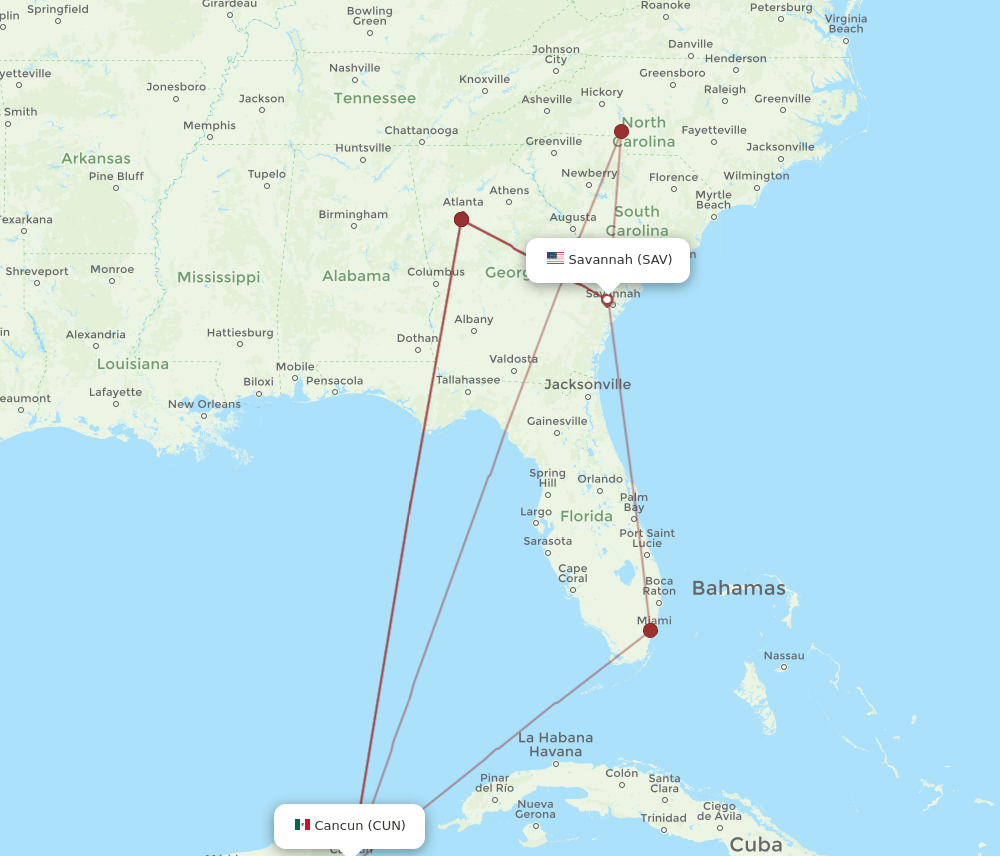 SAV-CUN flight routes
