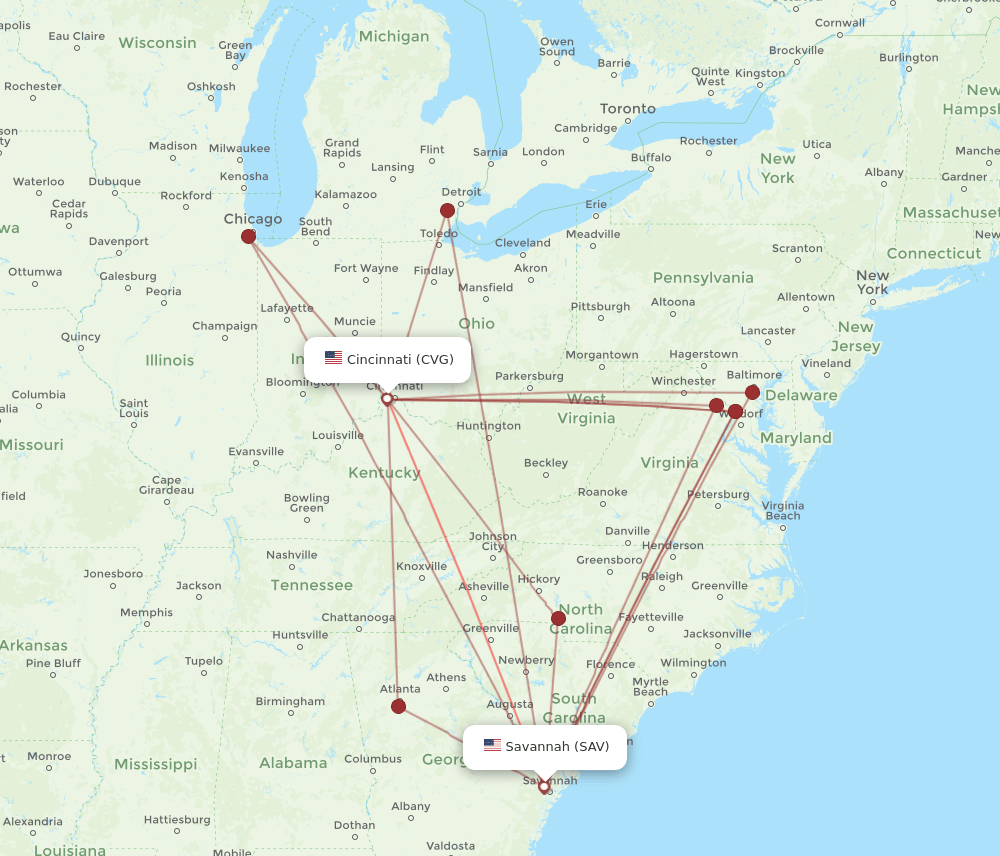 SAV to CVG flights and routes map