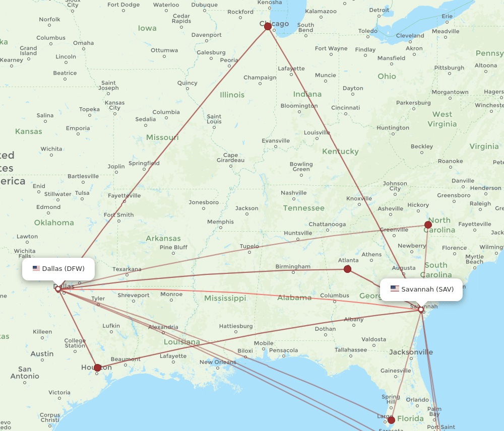 SAV to DFW flights and routes map