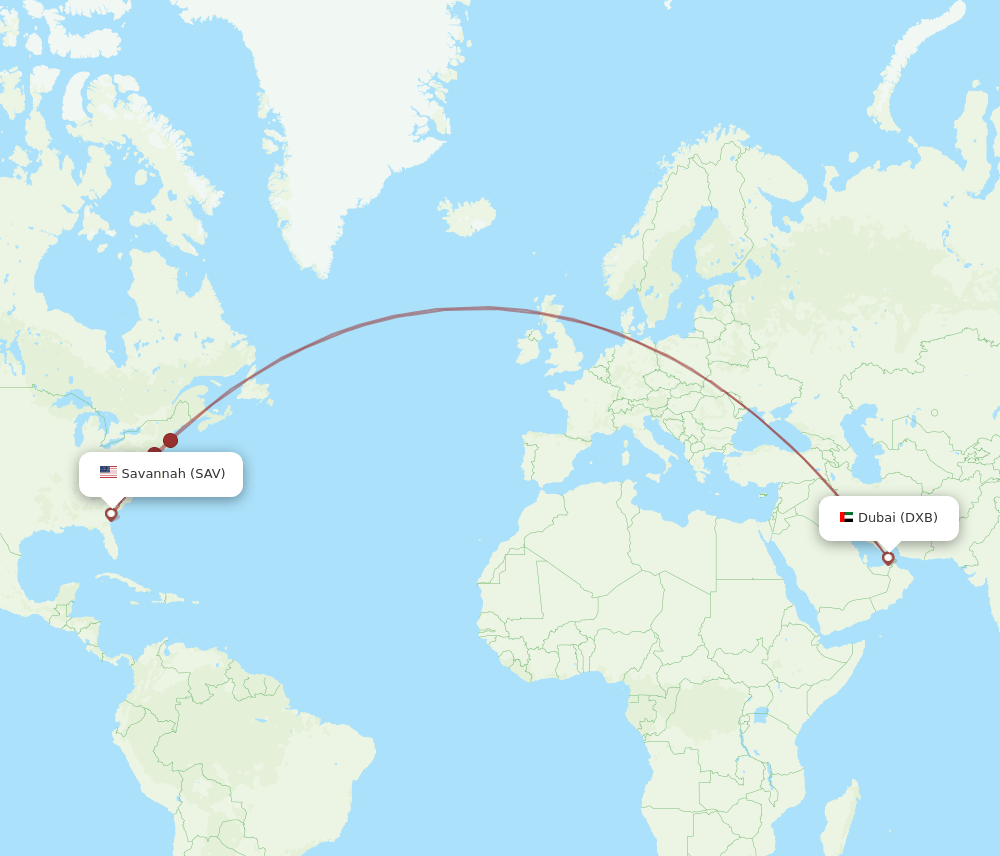 Dubai - Savannah route map and flight paths