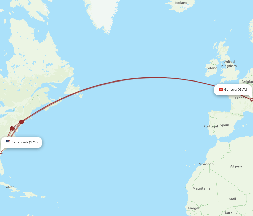 SAV to GVA flights and routes map