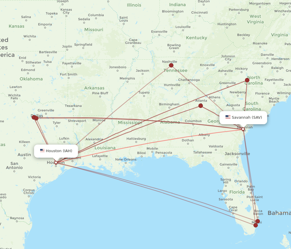 SAV-IAH flight routes