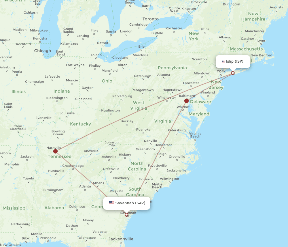 SAV-ISP flight routes