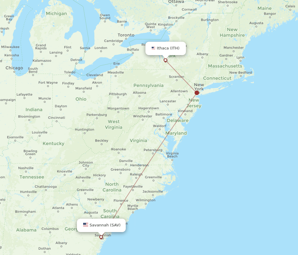 SAV to ITH flights and routes map