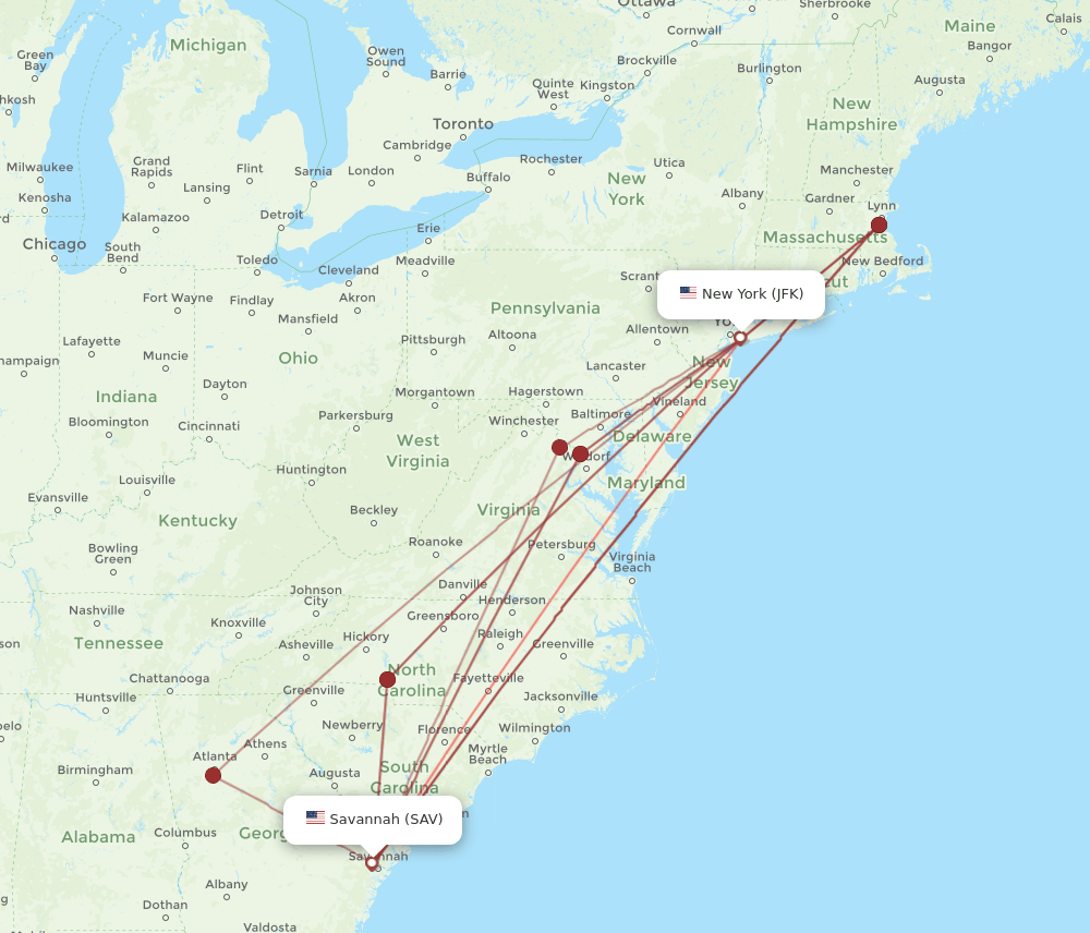 SAV-JFK flight routes