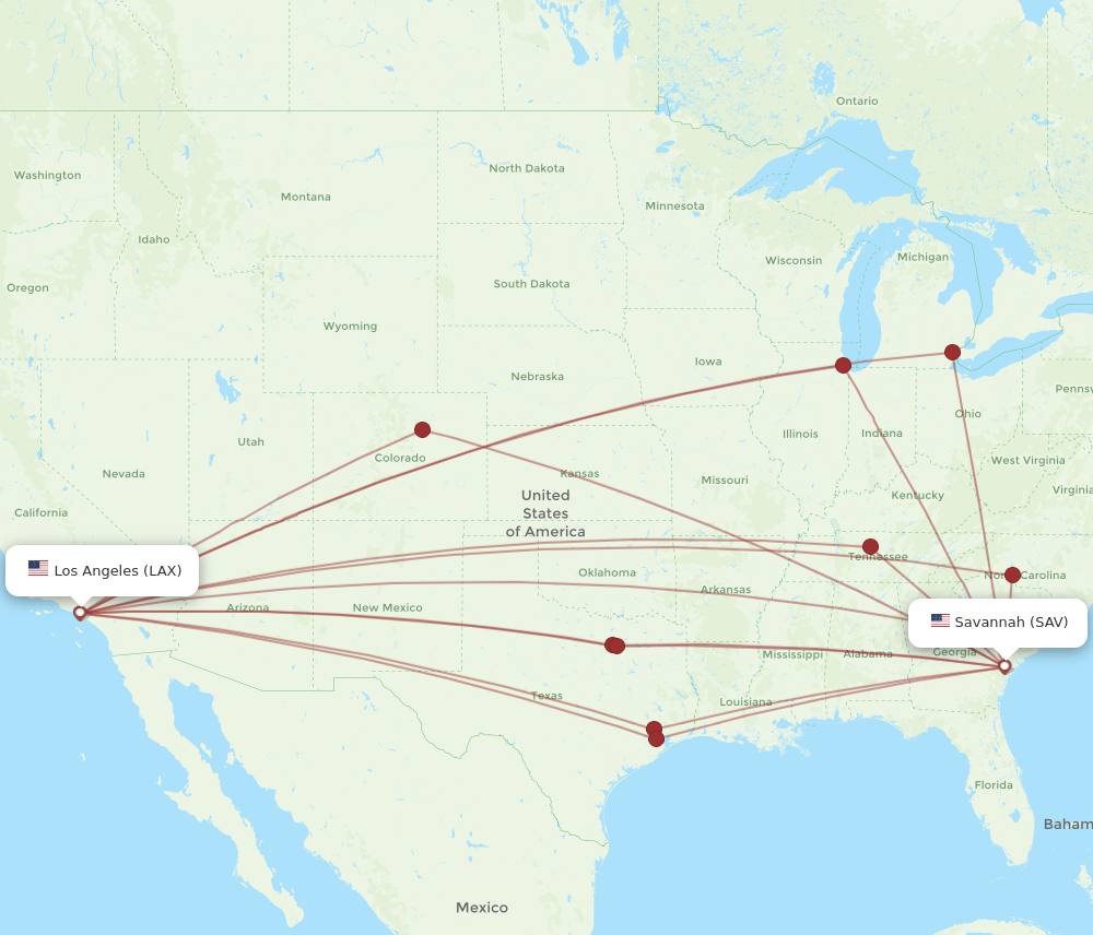 SAV-LAX flight routes