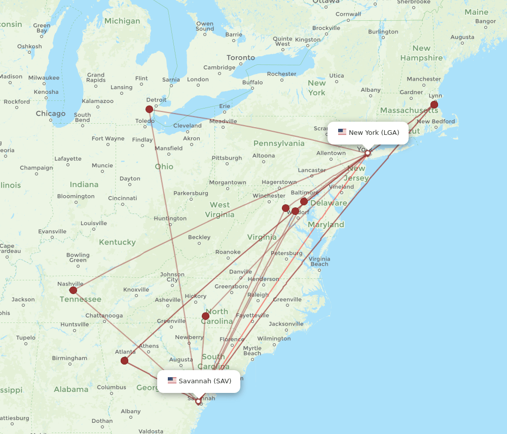 SAV to LGA flights and routes map