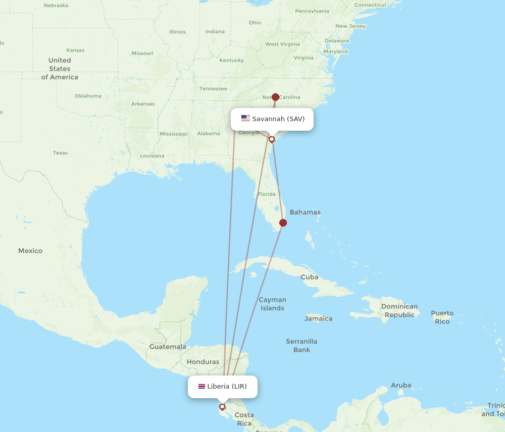 SAV-LIR flight routes