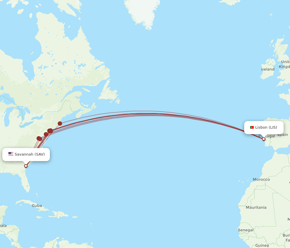 SAV to LIS flights and routes map