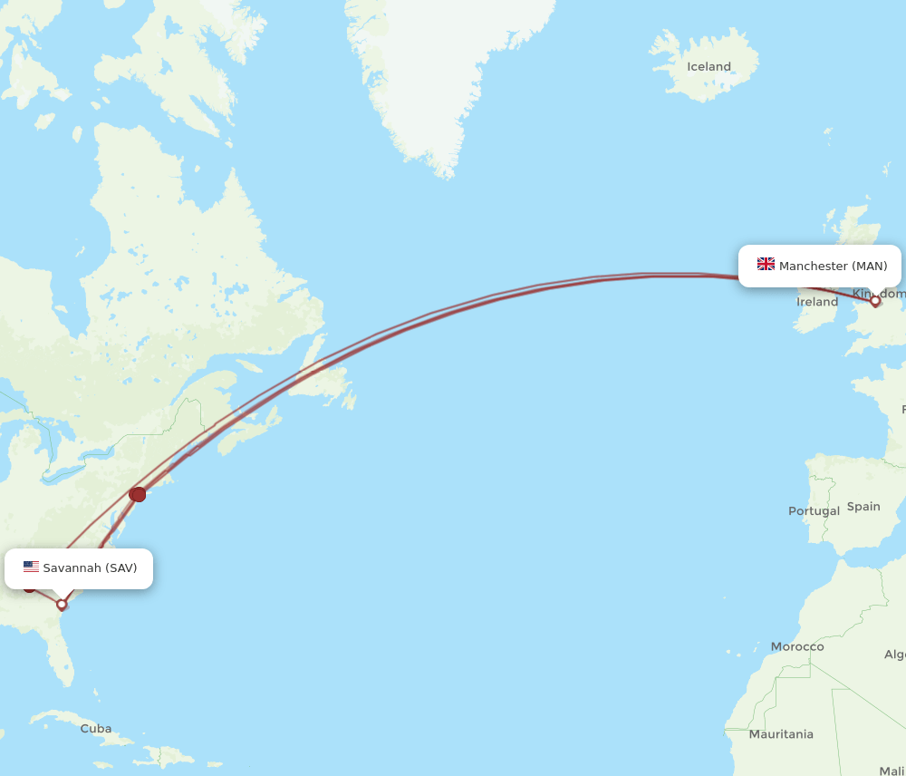 SAV to MAN flights and routes map