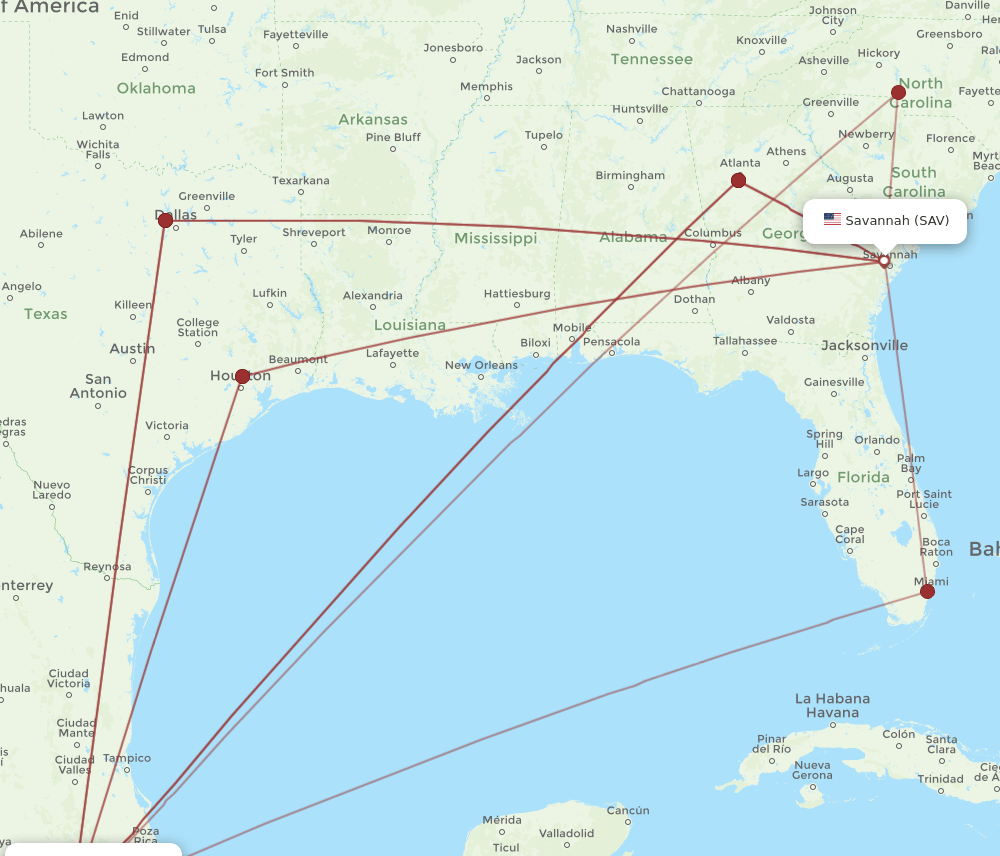 SAV to MEX flights and routes map