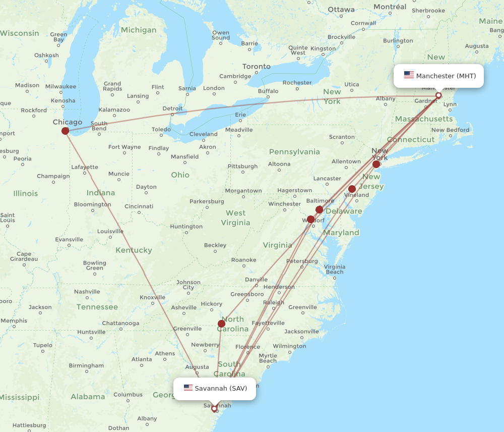 SAV to MHT flights and routes map
