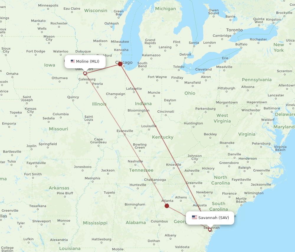 SAV to MLI flights and routes map