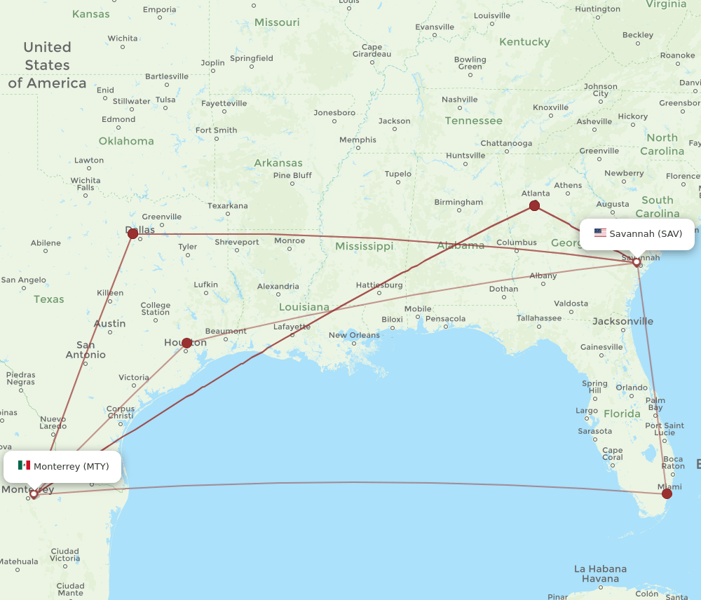 SAV to MTY flights and routes map