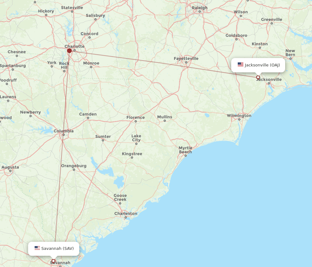 SAV to OAJ flights and routes map