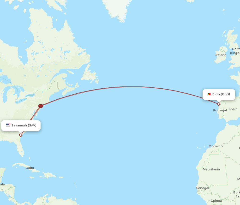 SAV to OPO flights and routes map