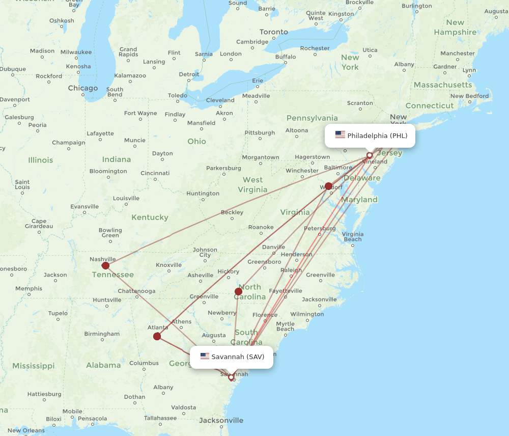SAV-PHL flight routes