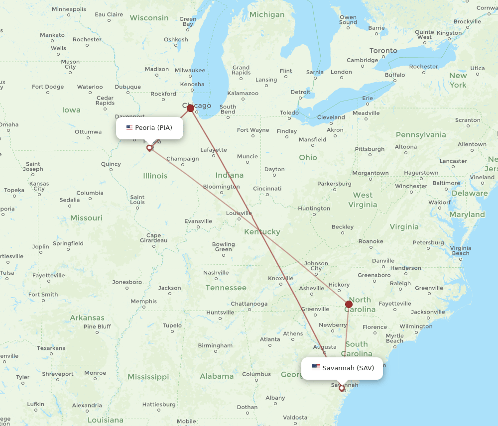 SAV to PIA flights and routes map