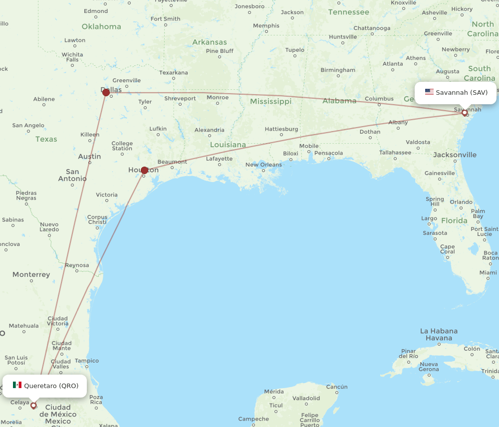 SAV-QRO flight routes