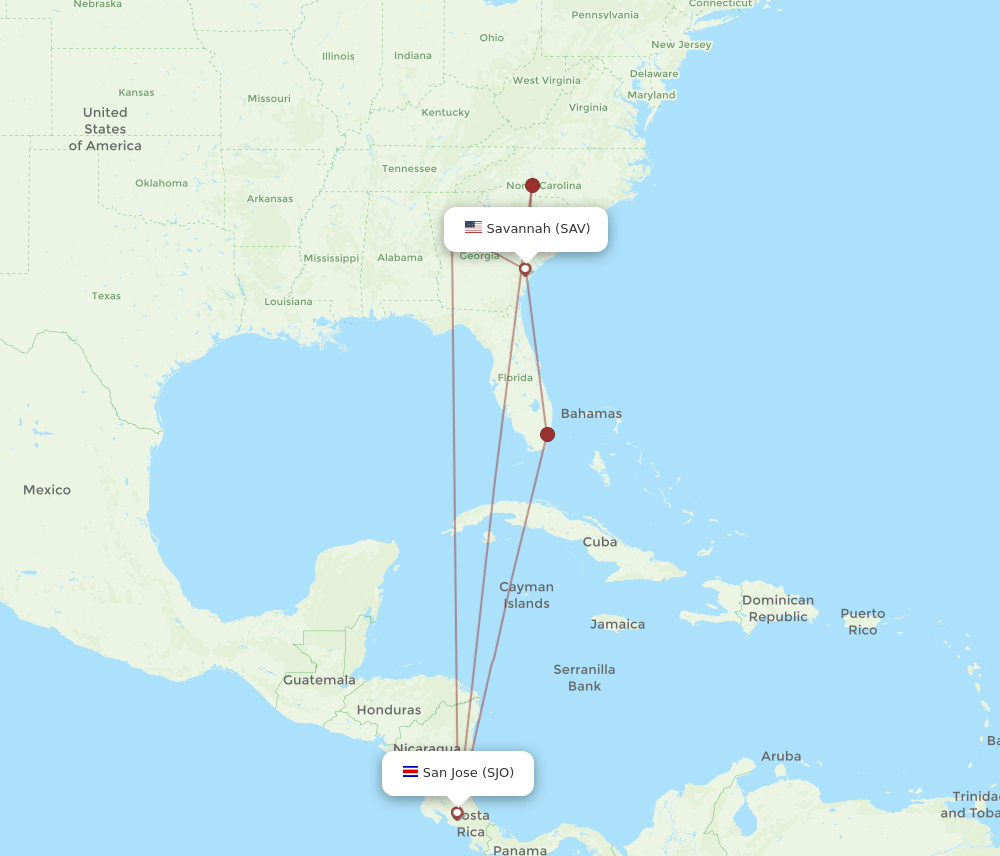 SAV-SJO flight routes