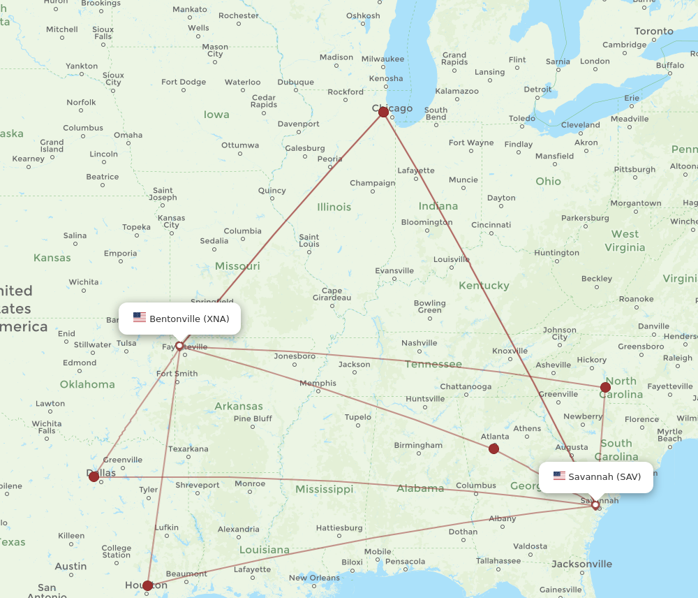 SAV to XNA flights and routes map