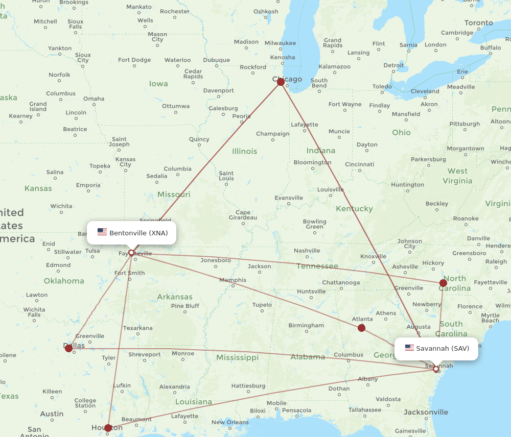 SAV-XNA flight routes
