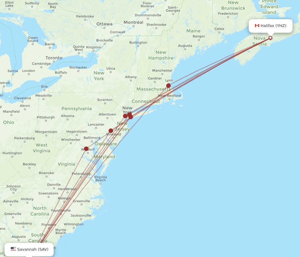 SAV-YHZ flight routes