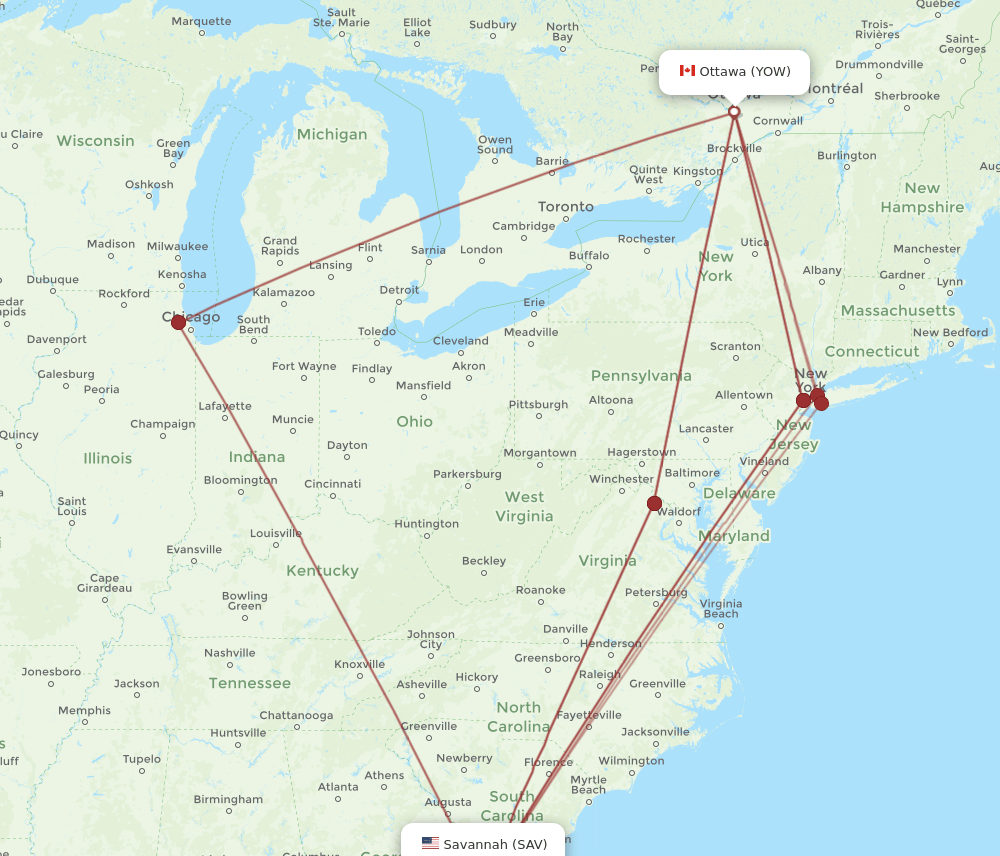 SAV-YOW flight routes