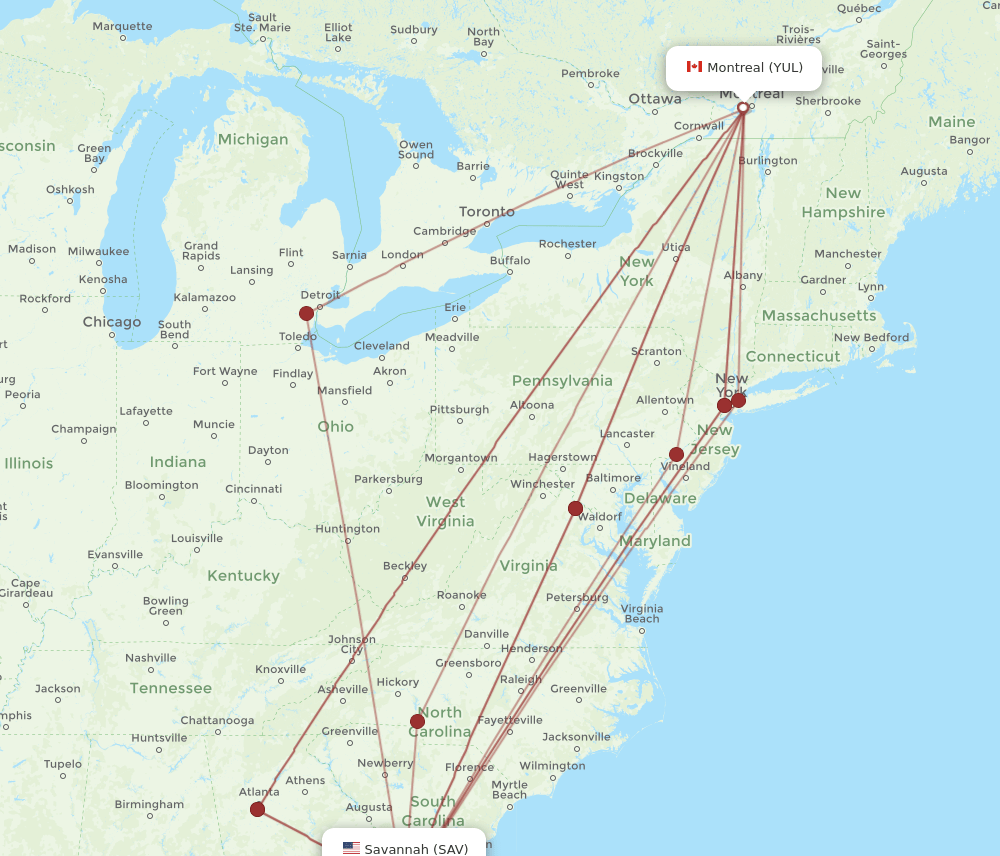 SAV to YUL flights and routes map