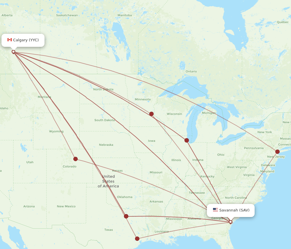 SAV-YYC flight routes