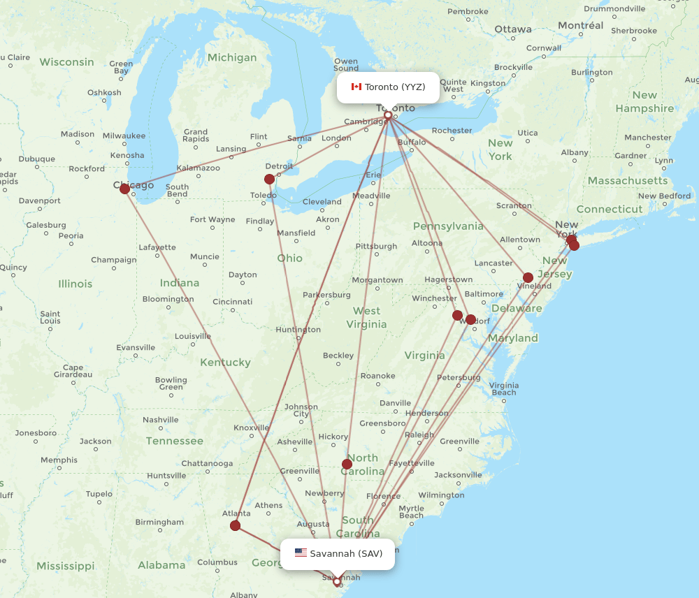 SAV-YYZ flight routes