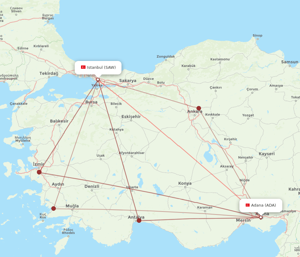 Istanbul - Adana route map and flight paths