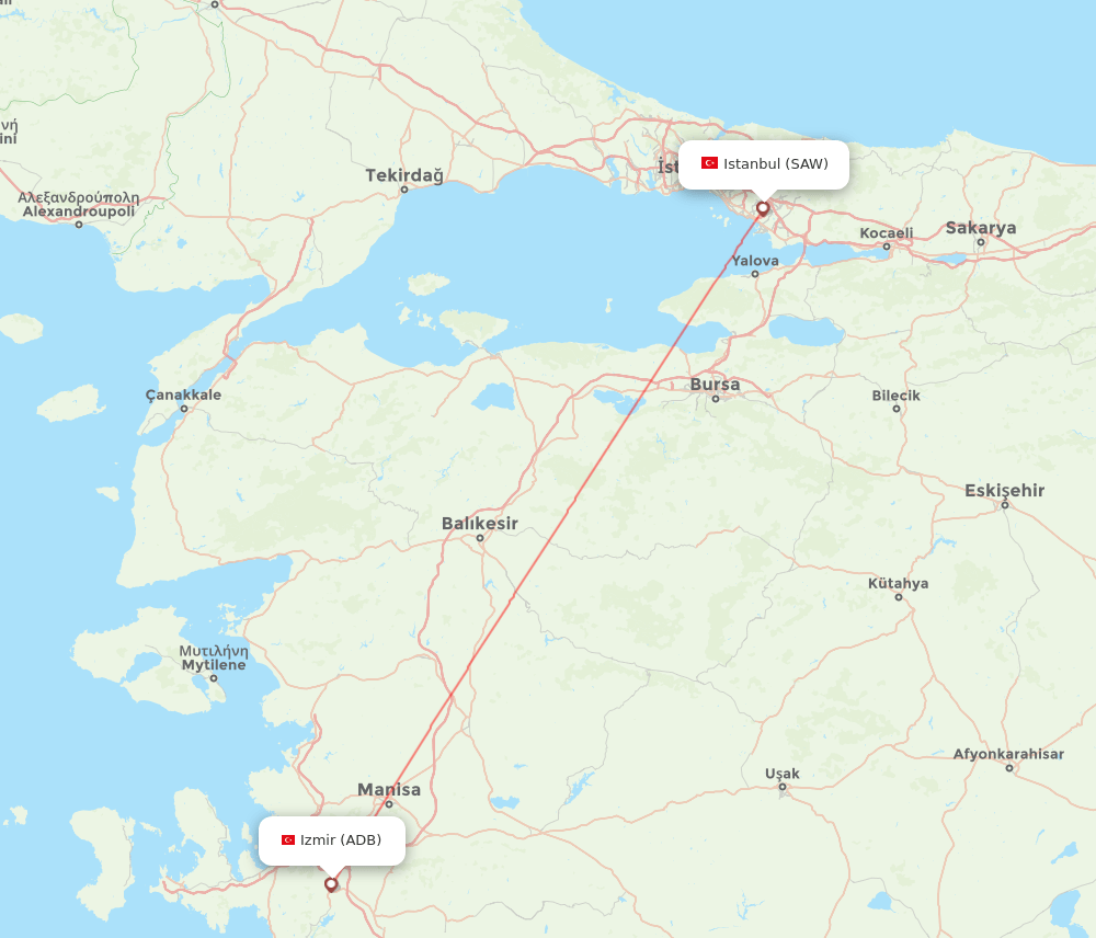 Istanbul - Izmir route map and flight paths