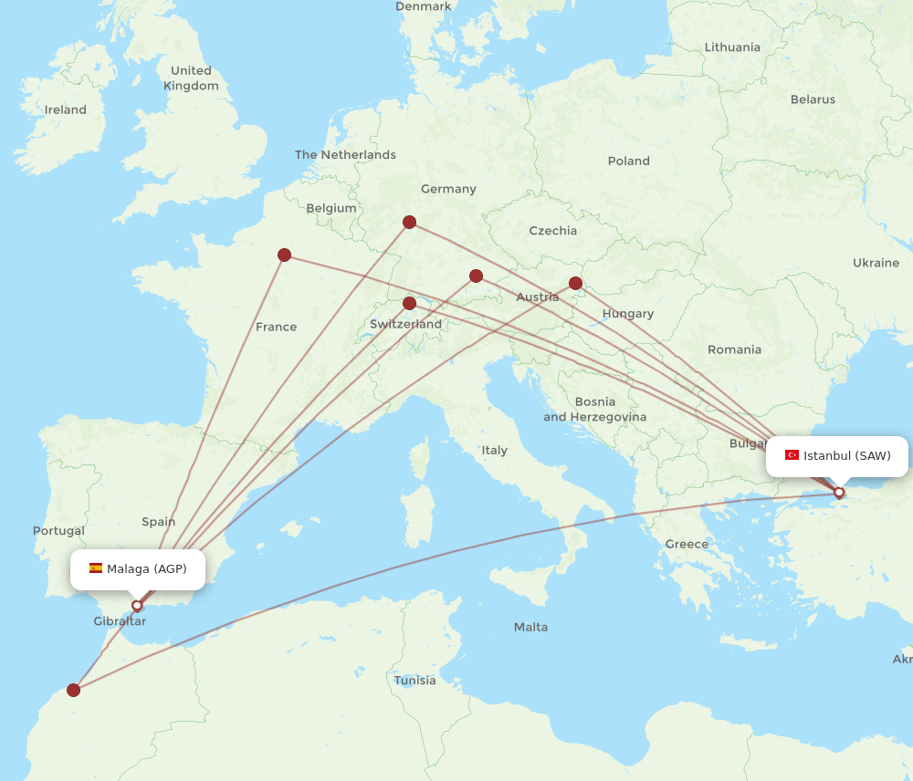 Istanbul - Malaga route map and flight paths