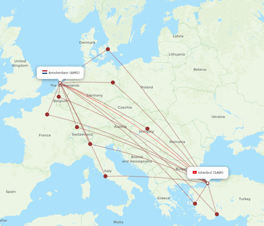 SAW to AMS flights and routes map