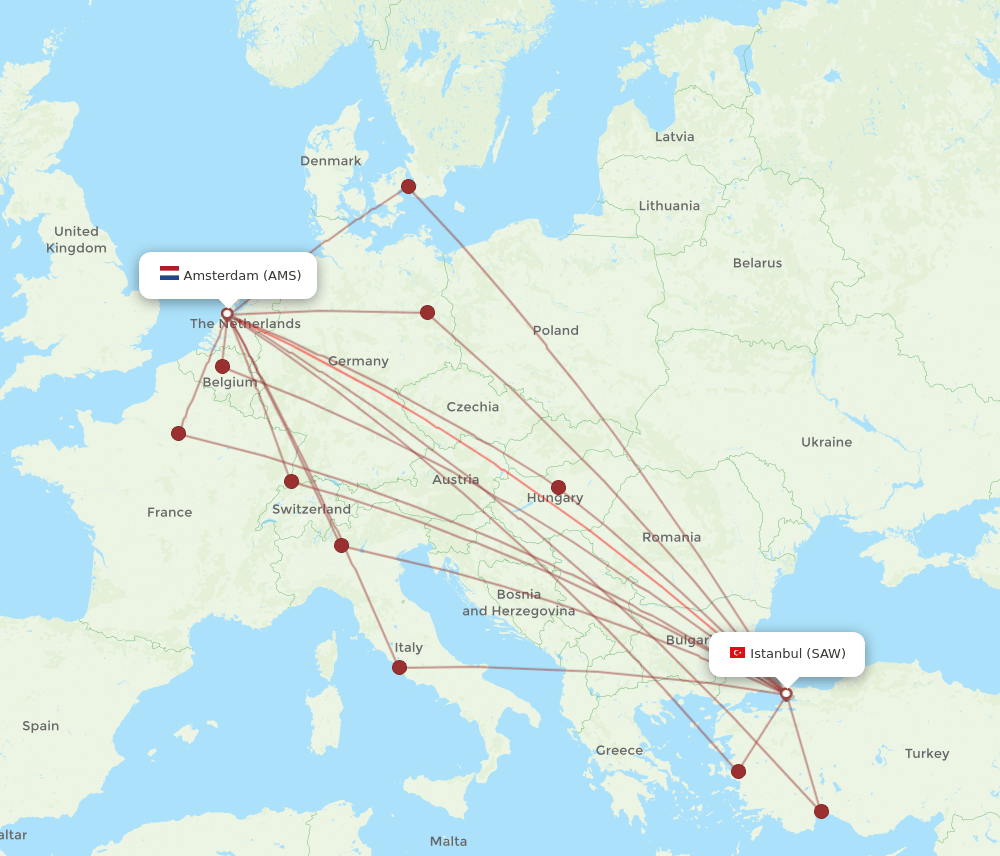 SAW-AMS flight routes