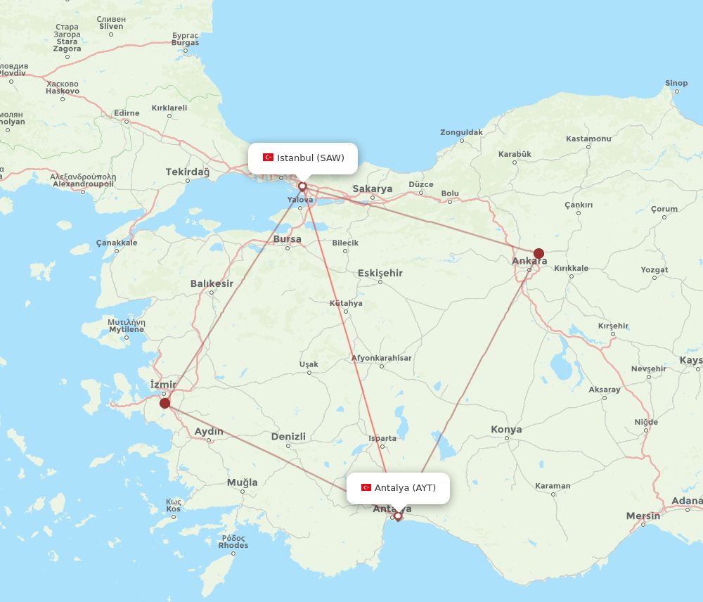 SAW to AYT flights and routes map