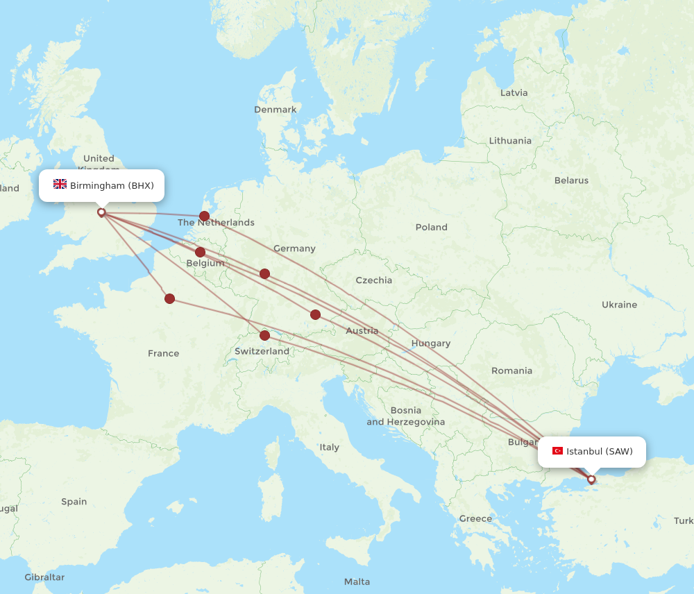 SAW to BHX flights and routes map