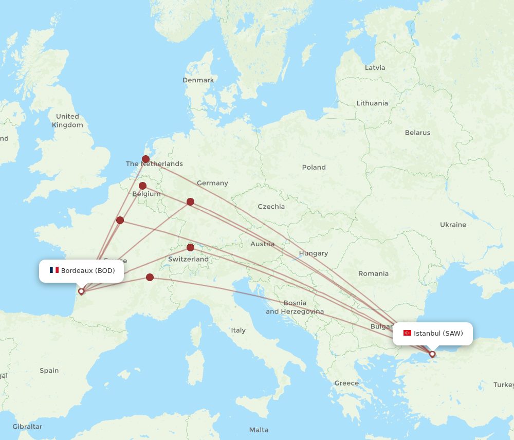 SAW to BOD flights and routes map