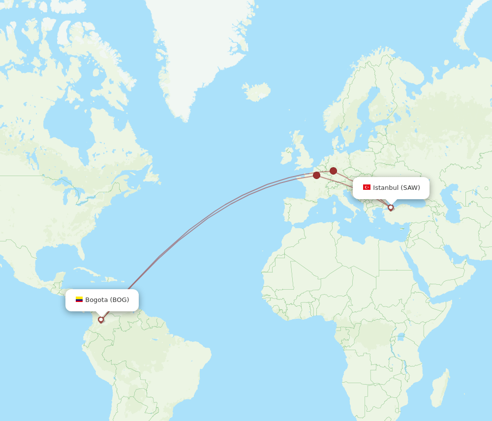SAW to BOG flights and routes map