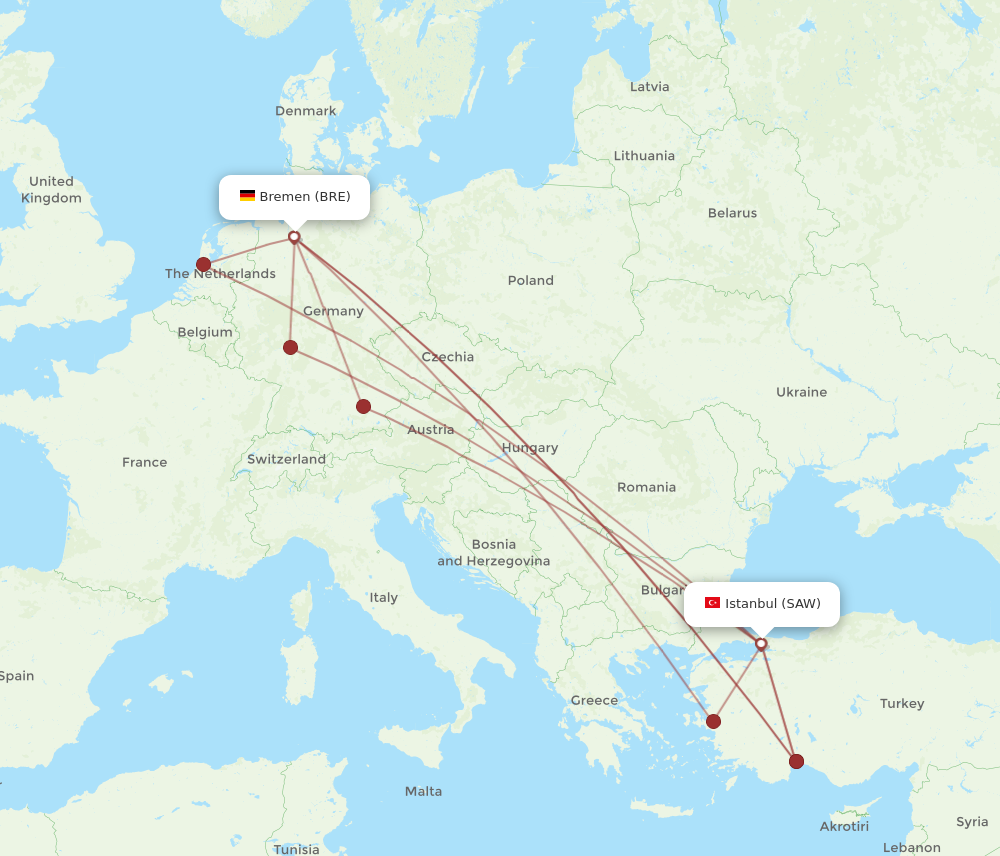 SAW to BRE flights and routes map