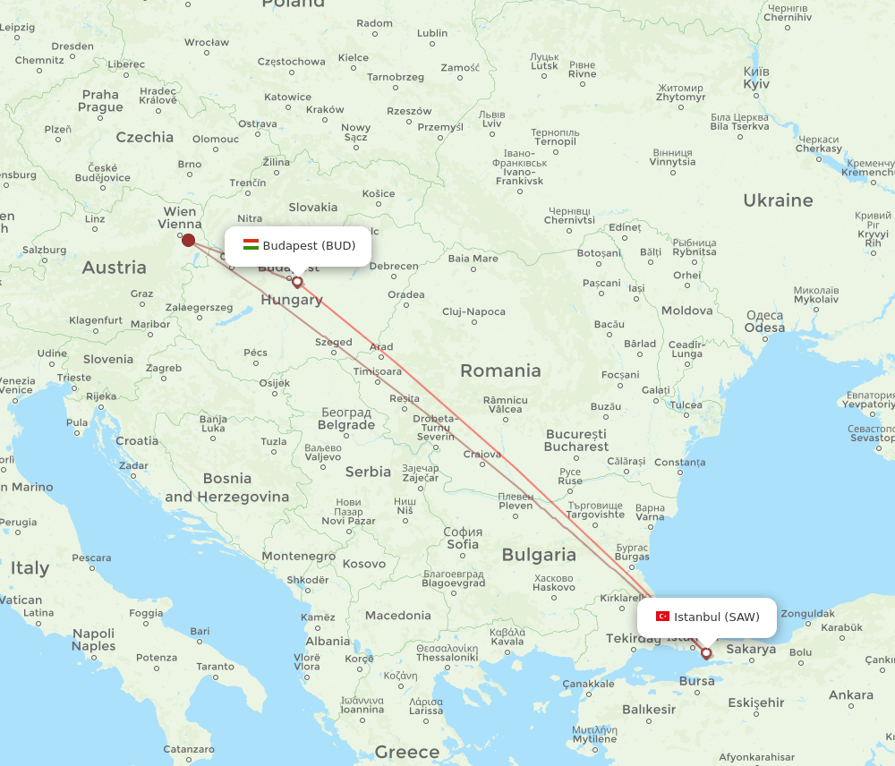 Istanbul - Budapest route map and flight paths