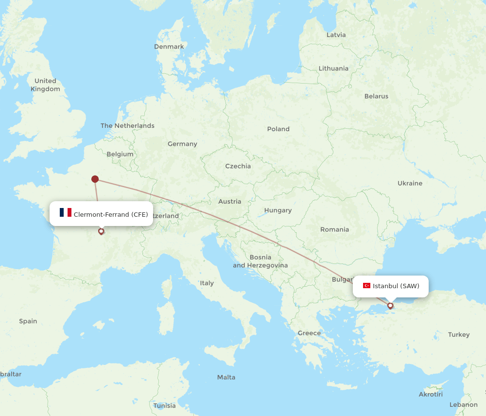 Istanbul - Clermont-Ferrand route map and flight paths