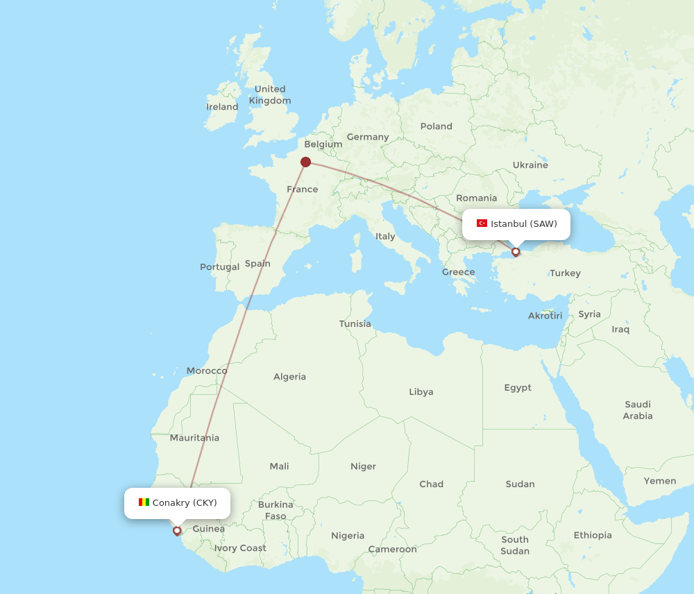Istanbul - Conakry route map and flight paths