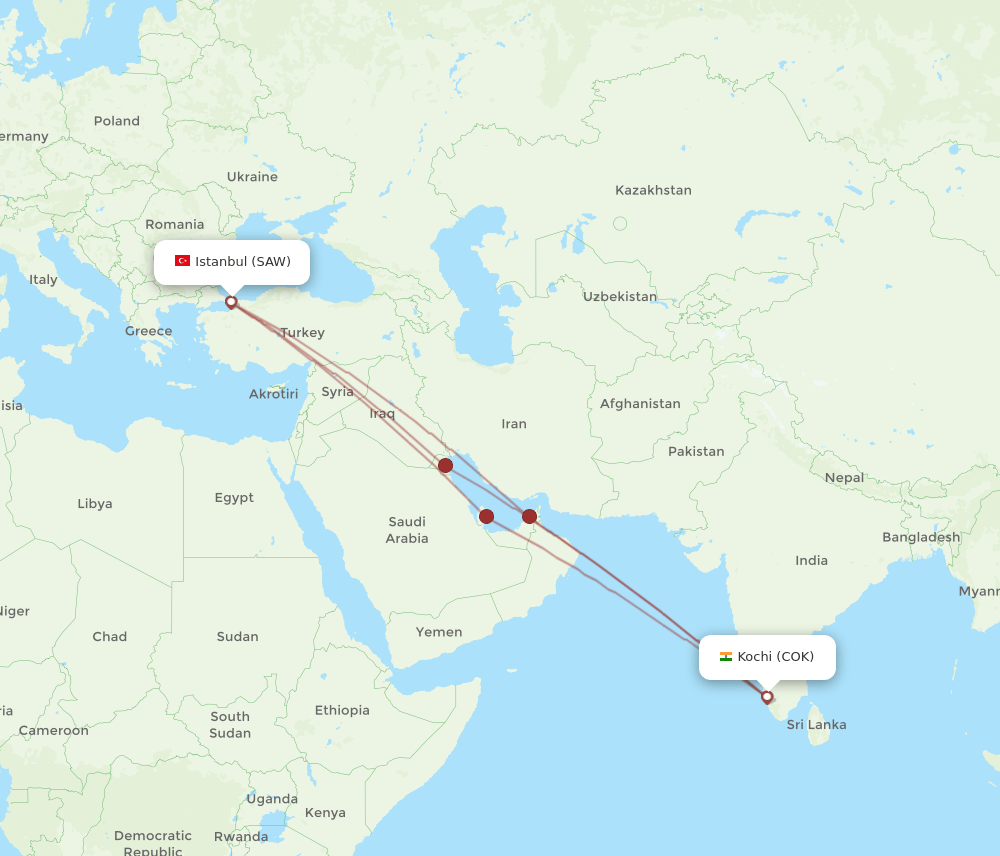 SAW-COK flight routes
