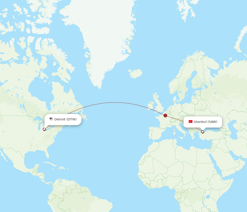 SAW to DTW flights and routes map