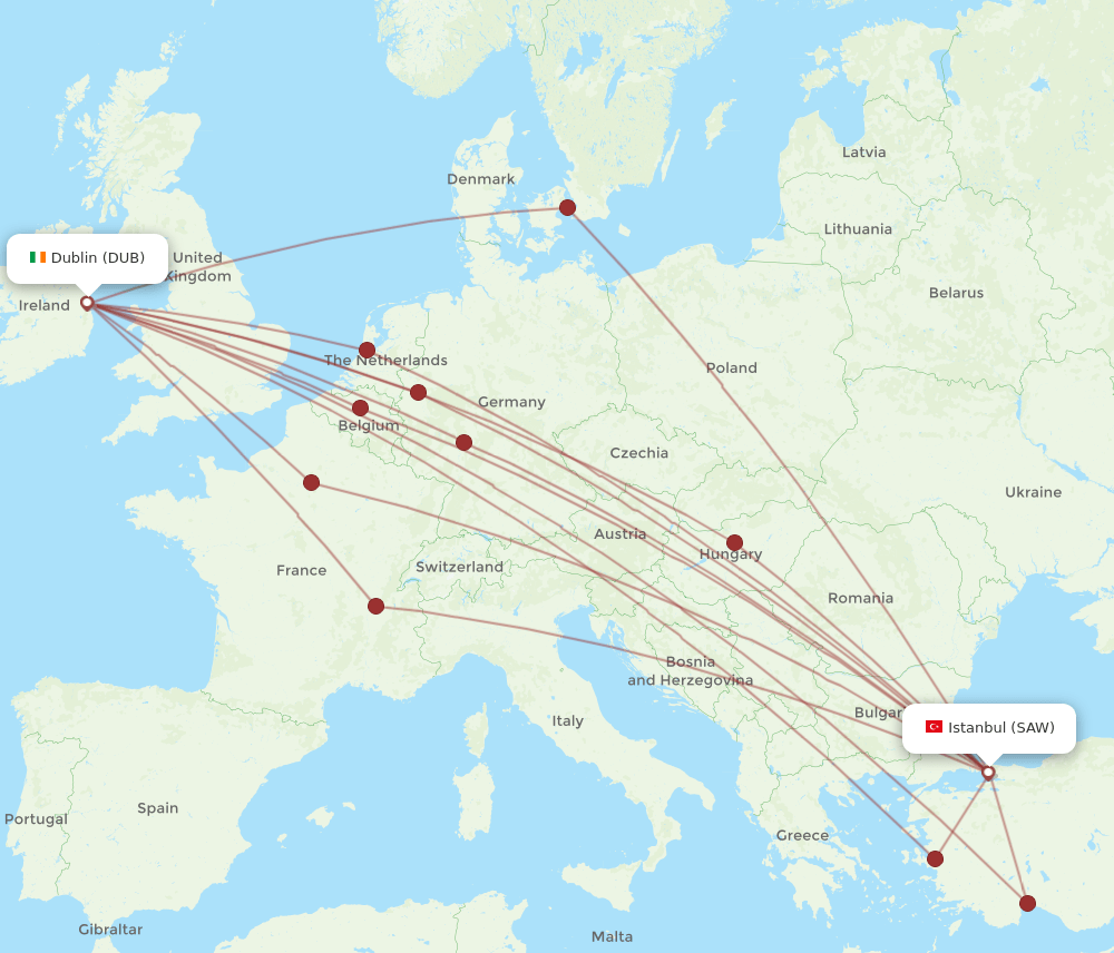 SAW to DUB flights and routes map